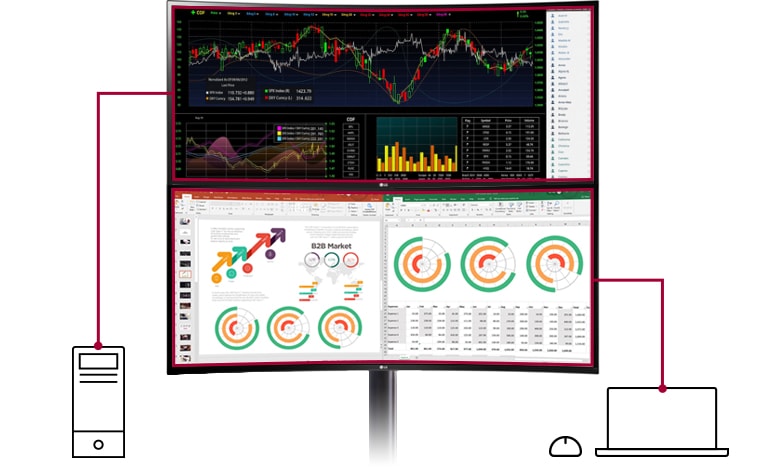 Multiple devices connected to a vertical stack dual monitor