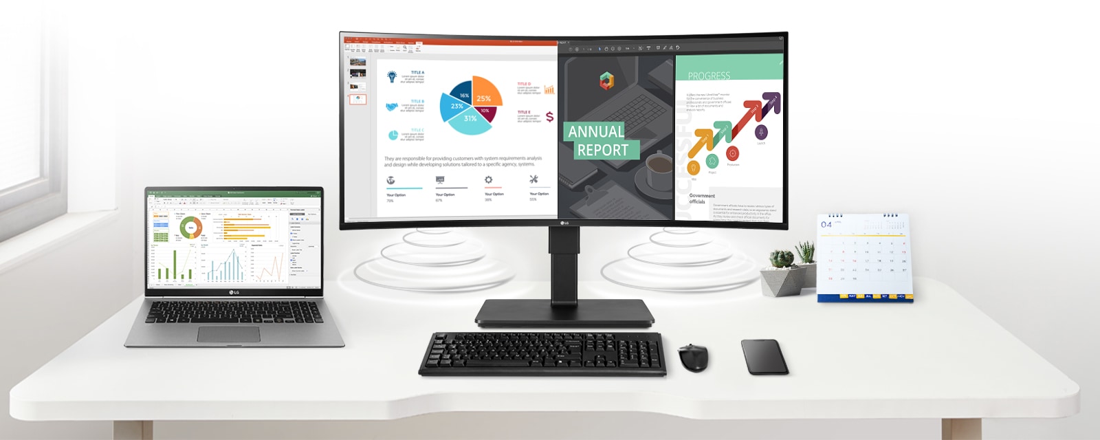 The clutter-free desk with extra space without wires and cables of external speakers