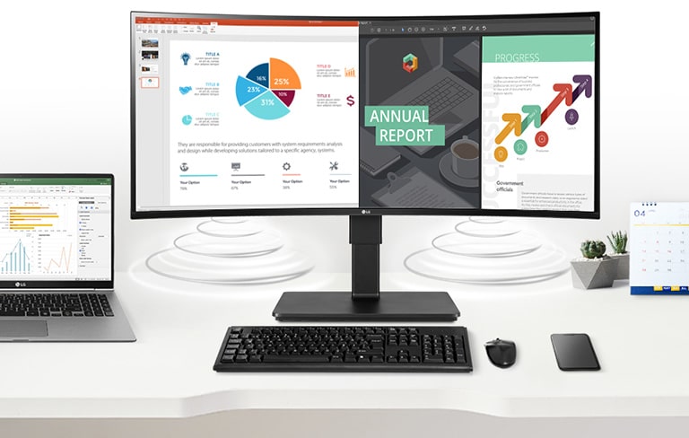 The clutter-free desk with extra space without wires and cables of external speakers