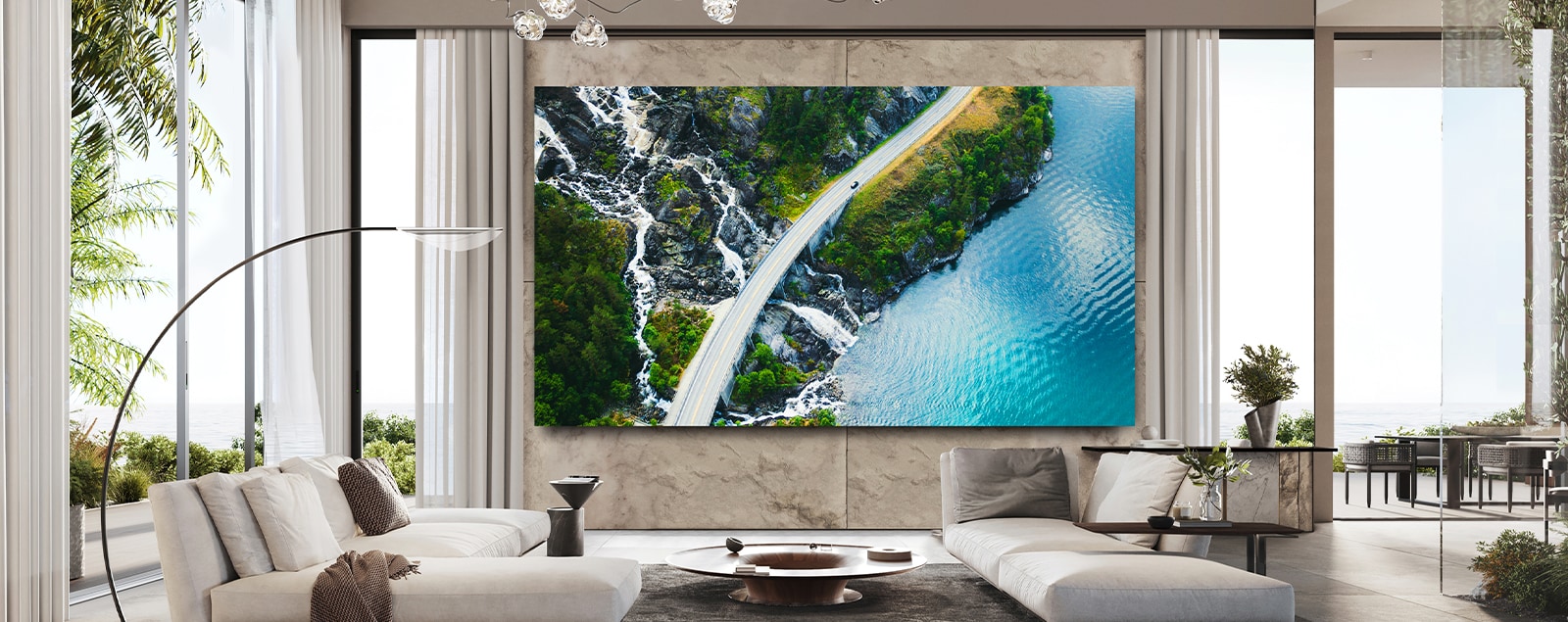 LG MAGNIT is installed on the elegant and vibrant living room wall, displaying dynamic scenes on its screen.