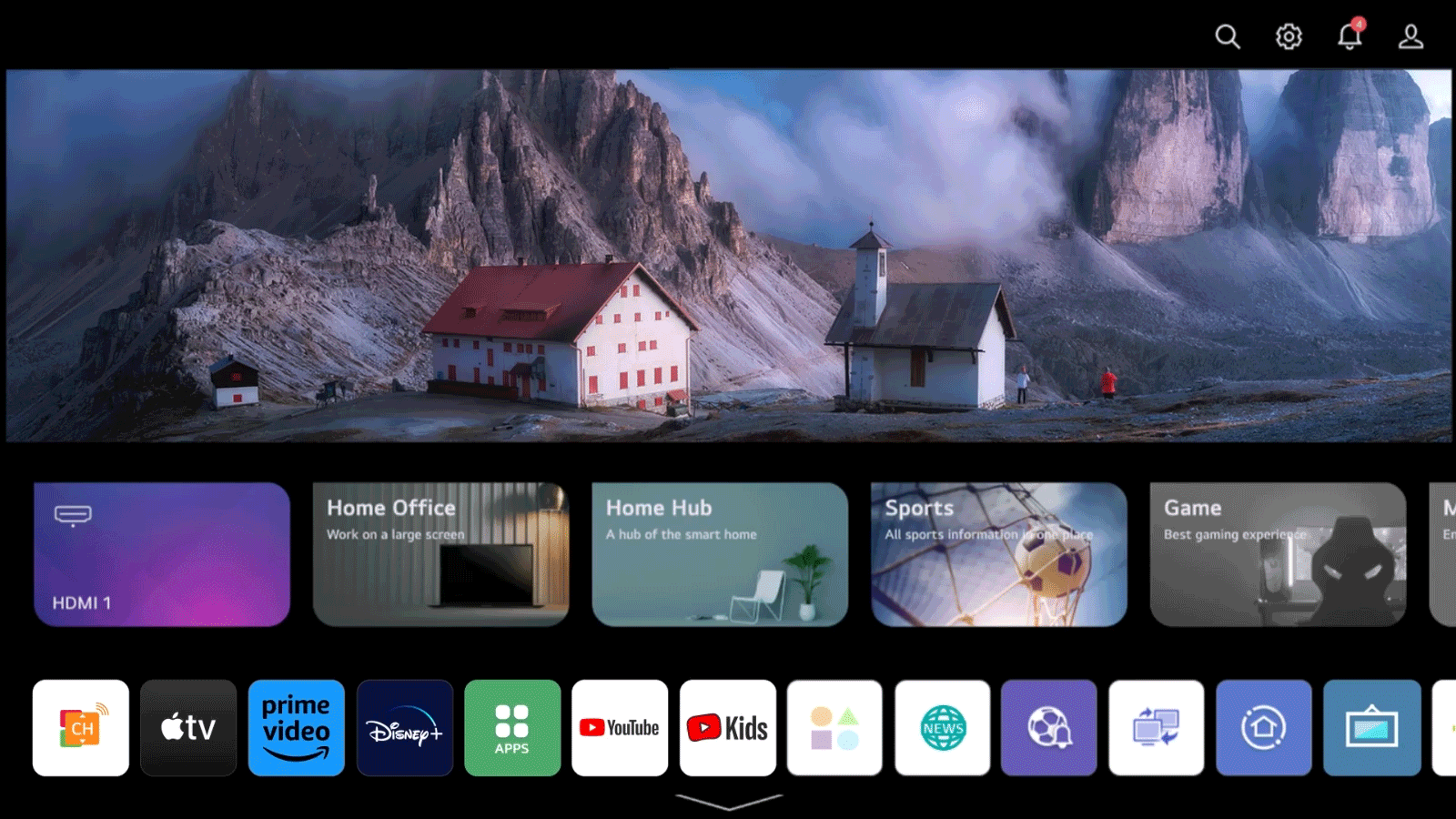 A video showing the webOS home screen filled with various content streaming apps.