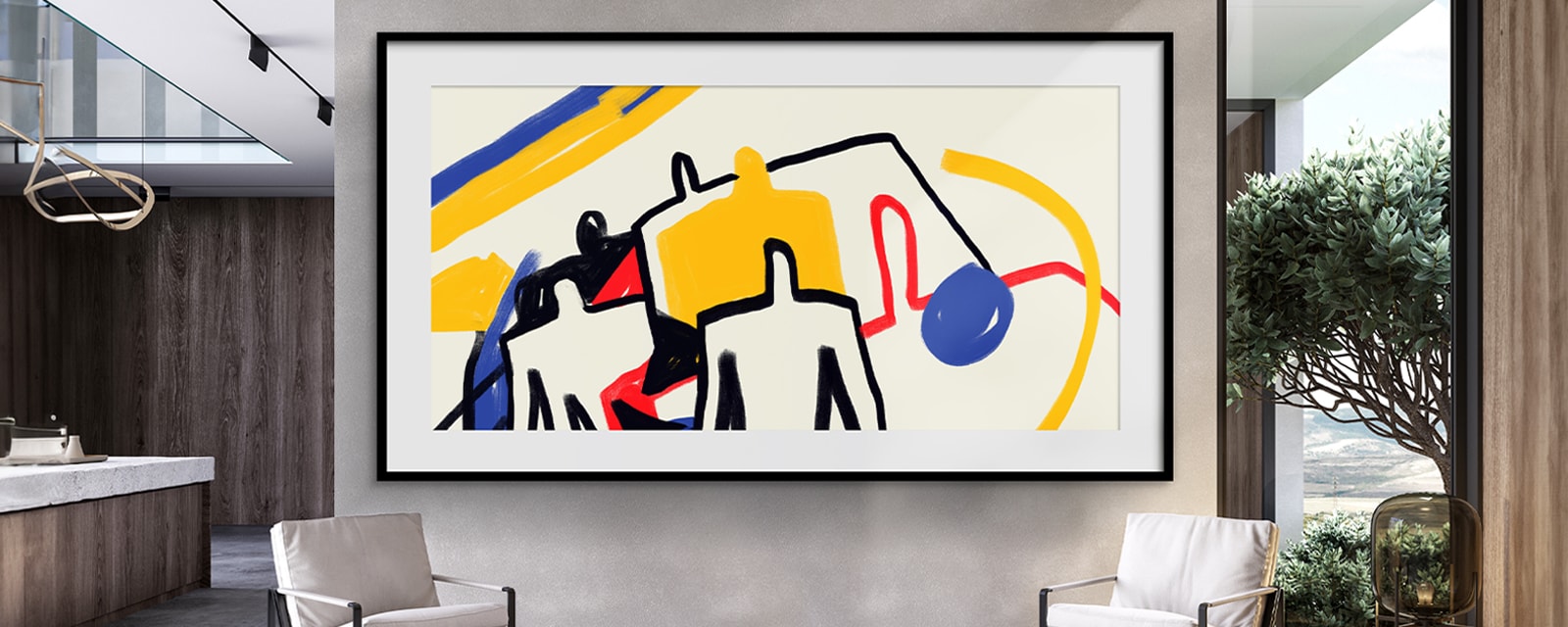 On the wall-mounted LG MAGNIT screen, a framed artwork is displayed, giving the impression of an actual picture frame hanging on the wall.