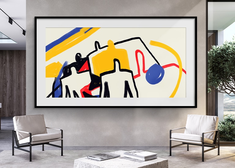 On the wall-mounted LG MAGNIT screen, a framed artwork is displayed, giving the impression of an actual picture frame hanging on the wall.