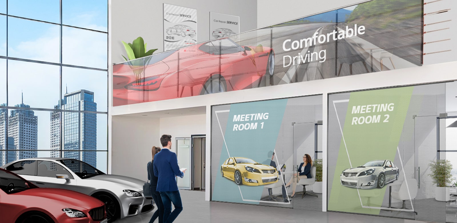 Transparent LED films are attached to the offices’ glass walls and the handrail glass inside the car dealership, and they are showing car advertisements well.