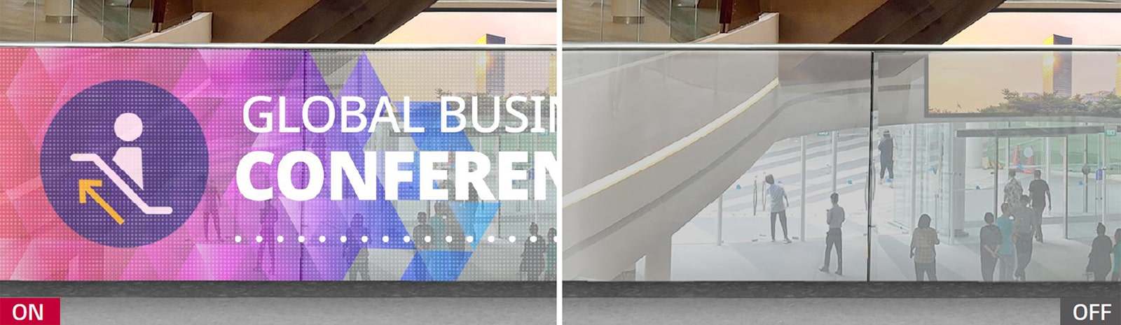 LG Transparent LED film shows information when the power is turned on, and reflects the background behind the product when the power is turned off.