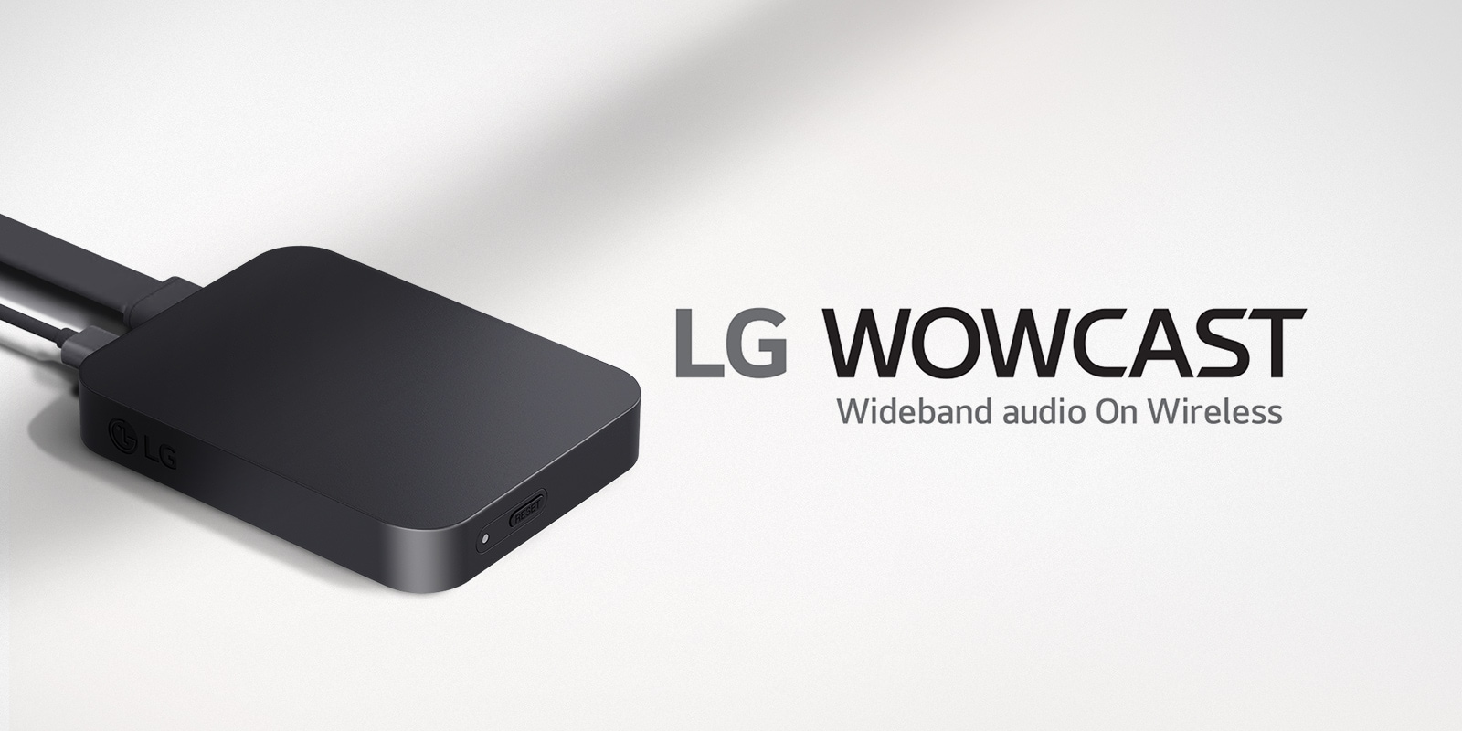 LG WOWCAST logo is placed on the right and a right-sided diagonal view of WOWCAST product on left