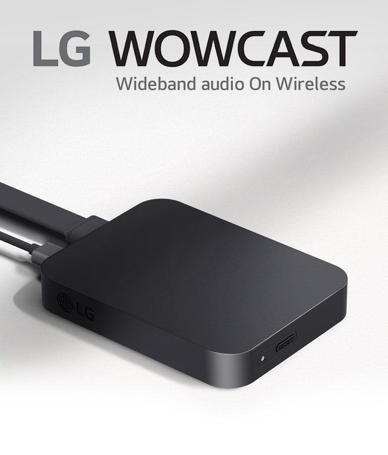 LG WOWCAST logo is placed on the right and a right-sided diagonal view of WOWCAST product on left