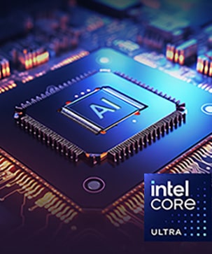 The image displays a close-up of a computer chip with "AI" highlighted at the center, surrounded by a glowing circuit board. The text at the top reads: "AI-optimized processor," and the bottom right features the Intel Core Ultra logo, emphasizing advanced AI processing capabilities.