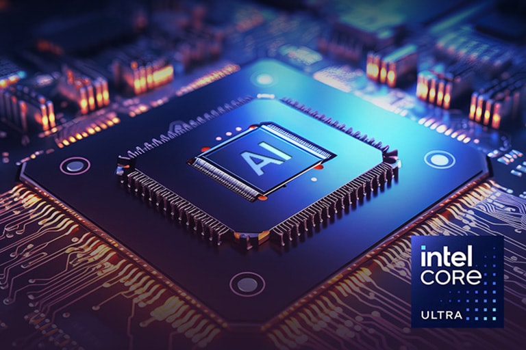 The image displays a close-up of a computer chip with "AI" highlighted at the center, surrounded by a glowing circuit board. The text at the top reads: "AI-optimized processor," and the bottom right features the Intel Core Ultra logo, emphasizing advanced AI processing capabilities.