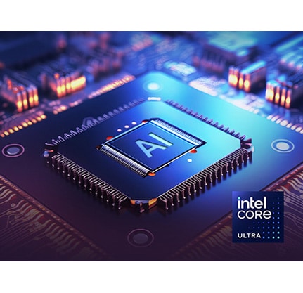 The image displays a close-up of a computer chip with "AI" highlighted at the center, surrounded by a glowing circuit board. The text at the top reads: "AI-optimized processor," and the bottom right features the Intel Core Ultra logo, emphasizing advanced AI processing capabilities.