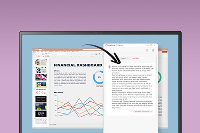 A laptop screen displaying a financial dashboard presentation alongside a pop-up window with AI-generated text summarizing the presentation. An arrow connects the two, emphasizing the AI's ability to create concise summaries.	