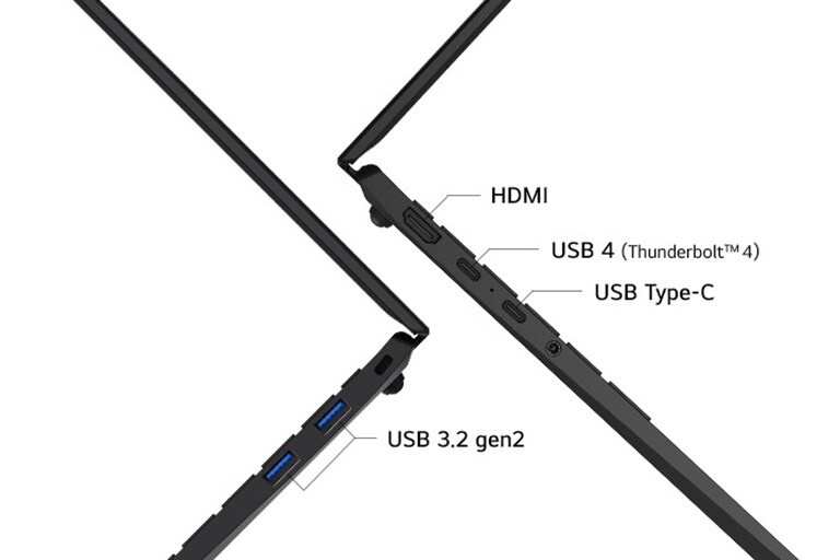 The image highlights the side ports of a laptop, including HDMI, USB 4 (Thunderbolt™ 4), USB Type-C, and USB 3.2 gen2. It showcases the laptop's versatile connectivity options.