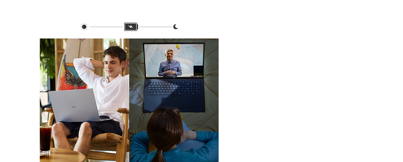 It shows the scene that users works or watch video from daytime to night time.