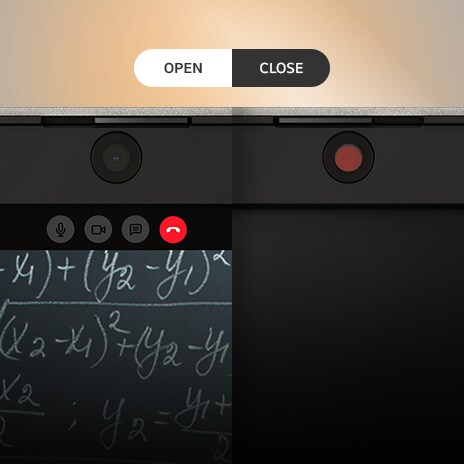 The image shows a split view of a laptop's webcam with two states: "Open" and "Closed." On the left, the webcam is open and active, on the right, the webcam is covered by a built-in privacy shutter, marked by a red dot, indicating the closed state. 	