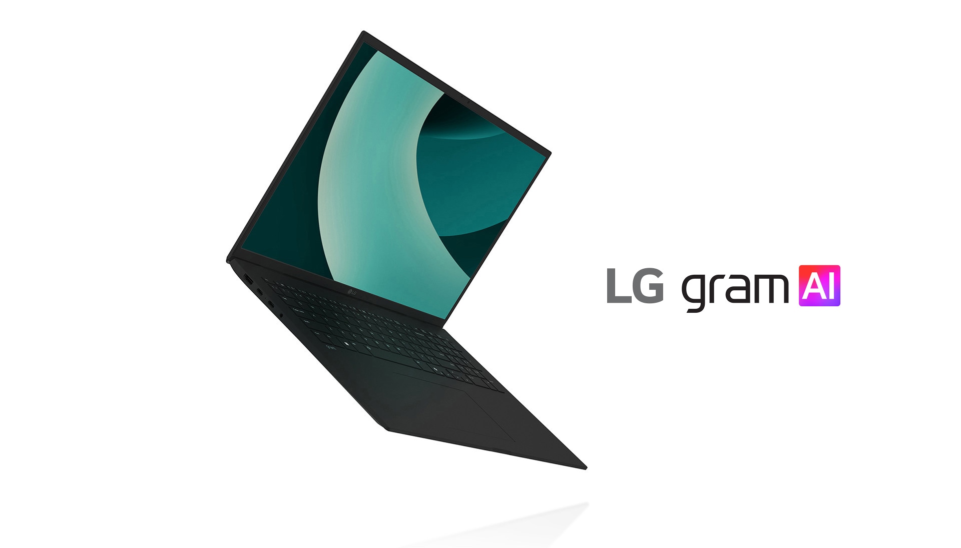 The image shows an LG Gram laptop, highlighted for its ultra-light design with the "LG gram AI" logo on the right.	