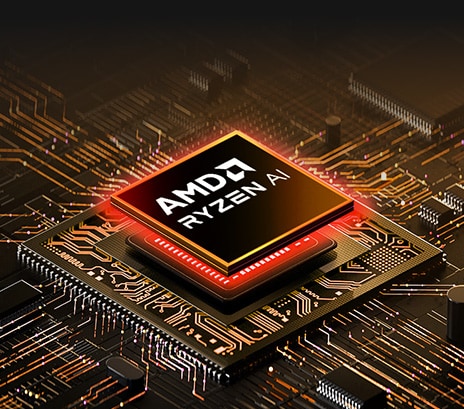 A close-up of an AMD Ryzen AI processor embedded in a high-tech circuit board. The chip is surrounded by intricate circuitry with glowing orange lights, creating a futuristic and high-performance aesthetic.	