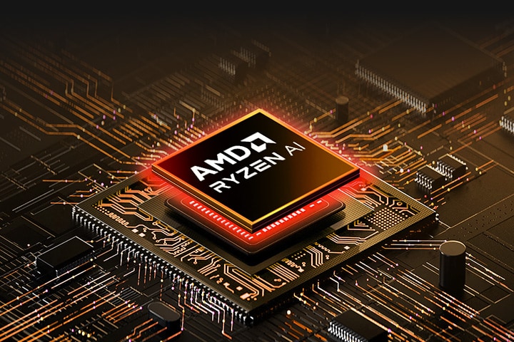 A close-up of an AMD Ryzen AI processor embedded in a high-tech circuit board. The chip is surrounded by intricate circuitry with glowing orange lights, creating a futuristic and high-performance aesthetic.	