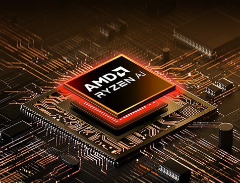 A close-up of an AMD Ryzen AI processor embedded in a high-tech circuit board. The chip is surrounded by intricate circuitry with glowing orange lights, creating a futuristic and high-performance aesthetic.	