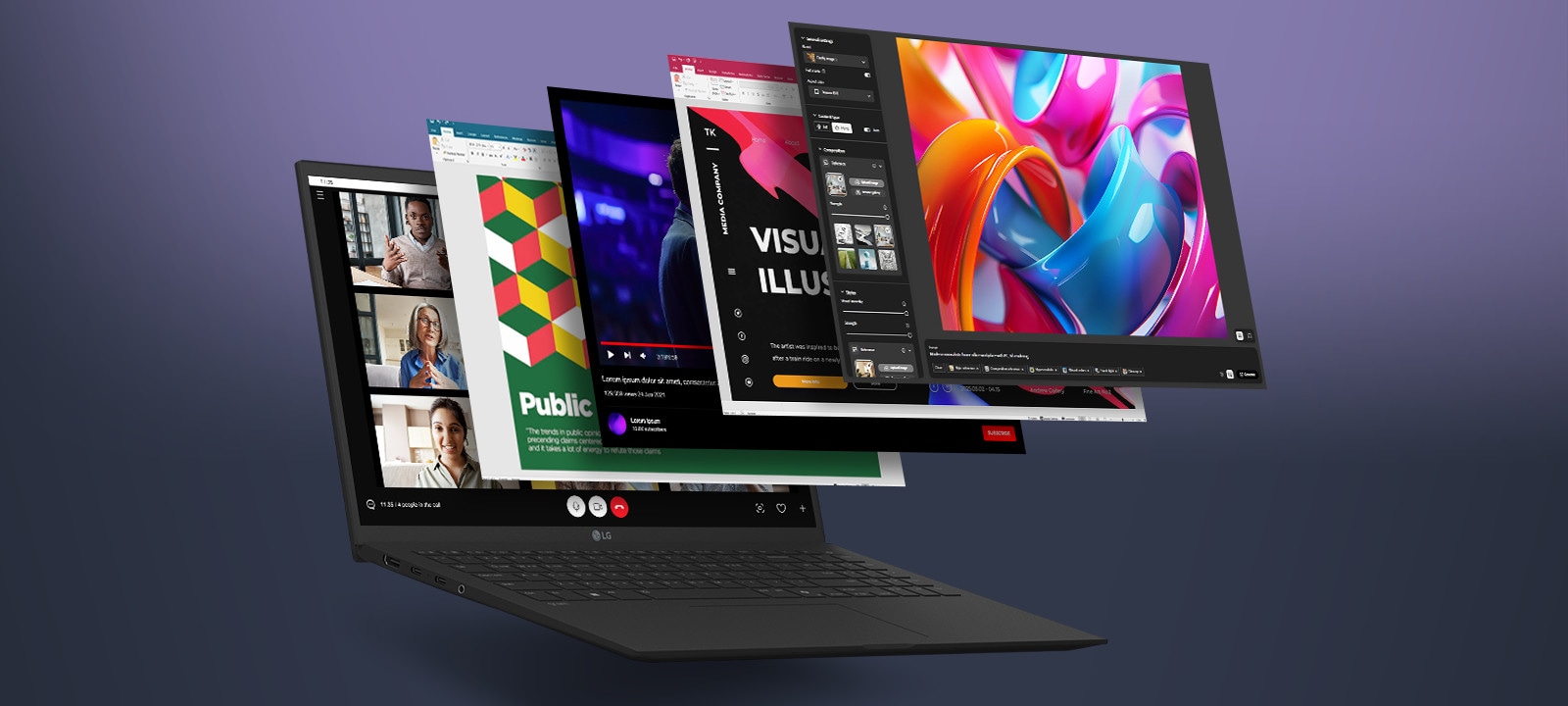 The image features a laptop with multiple application windows floating outward, showcasing its multitasking capabilities. The apps displayed range from video editing to presentations, emphasizing the laptop's performance for diverse tasks.