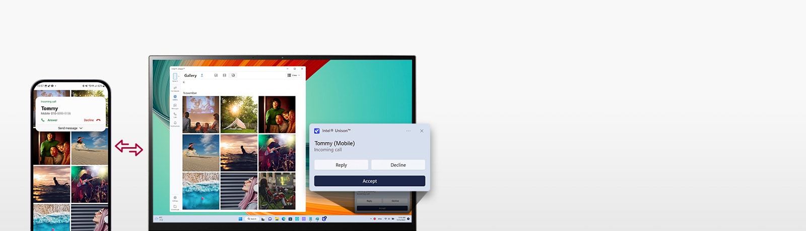 It shows that the mobile device and gram are connected to transfer files easily, send test messages, and make a phone call with gram.