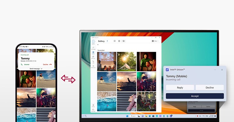 It shows that the mobile device and gram are connected to transfer files easily, send test messages, and make a phone call with gram.