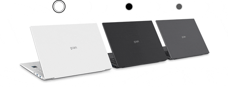 Three LG gram laptops are lined up diagonally.