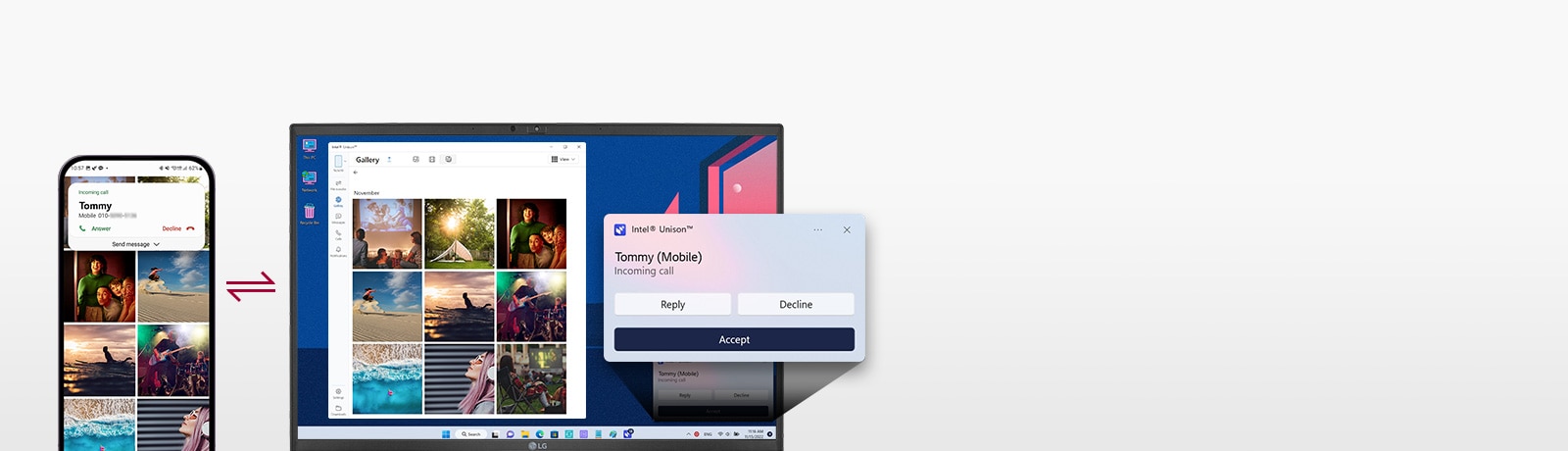 It shows that the mobile device and gram are connected to transfer files easily, send test messages, and make a phone call with gram.