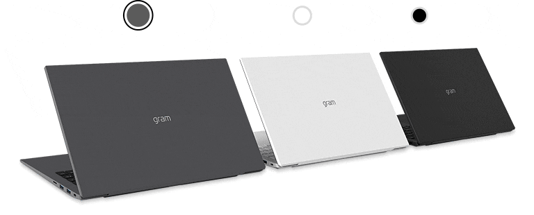 Three LG gram laptops are lined up diagonally.