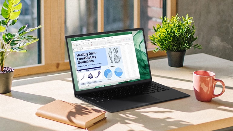 It shows that the LG Gram is placed on a desk surrounded by glass windows, but there is no light reflection on the display.