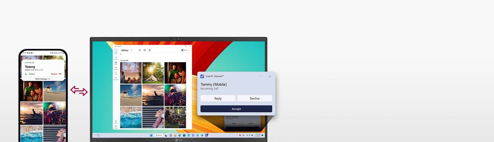 It shows that the mobile device and gram are connected to transfer files easily, send test messages, and make a phone call with gram.
