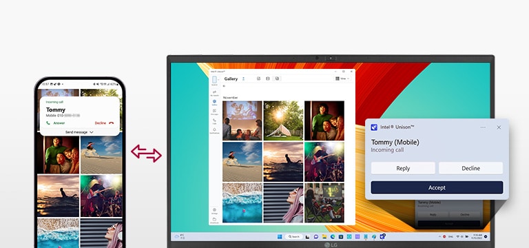 It shows that the mobile device and gram are connected to transfer files easily, send test messages, and make a phone call with gram.