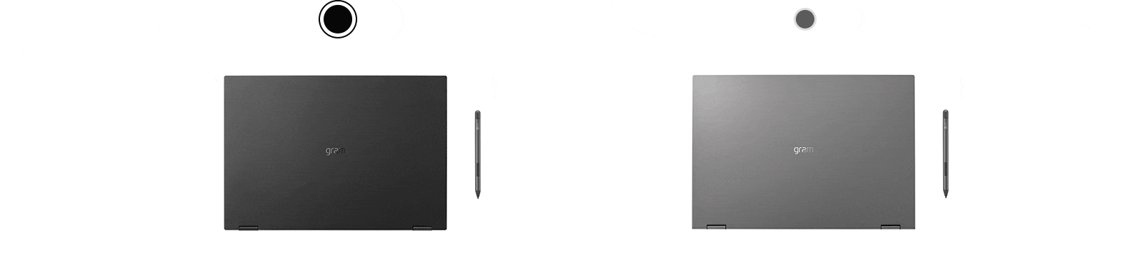 Three LG gram laptops are lined up diagonally.