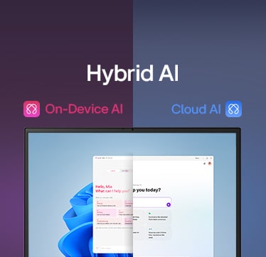 A split-screen image showcasing 'Hybrid AI' with two distinct modes: 'On-Device AI' on the left, represented by a pink icon, and 'Cloud AI' on the right, represented by a blue icon. The screen displays an AI interface, symbolizing seamless AI functionality across both modes.	