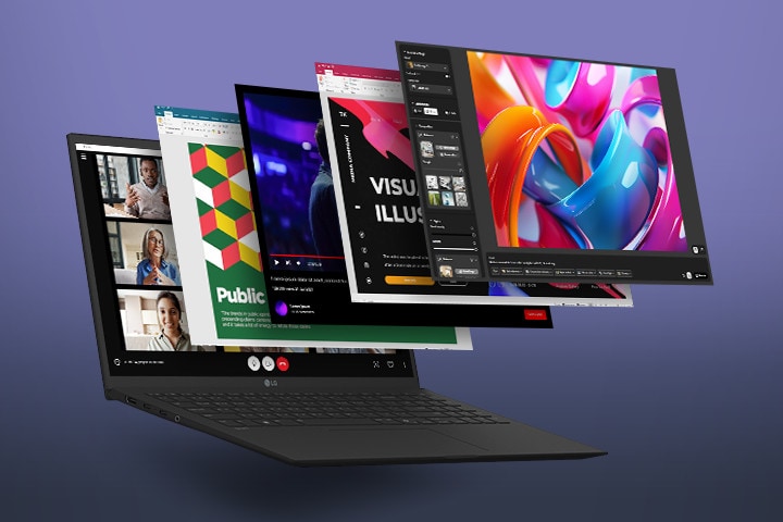 The image features a laptop with multiple application windows floating outward, showcasing its multitasking capabilities. The apps displayed range from video editing to presentations, emphasizing the laptop's performance for diverse tasks.