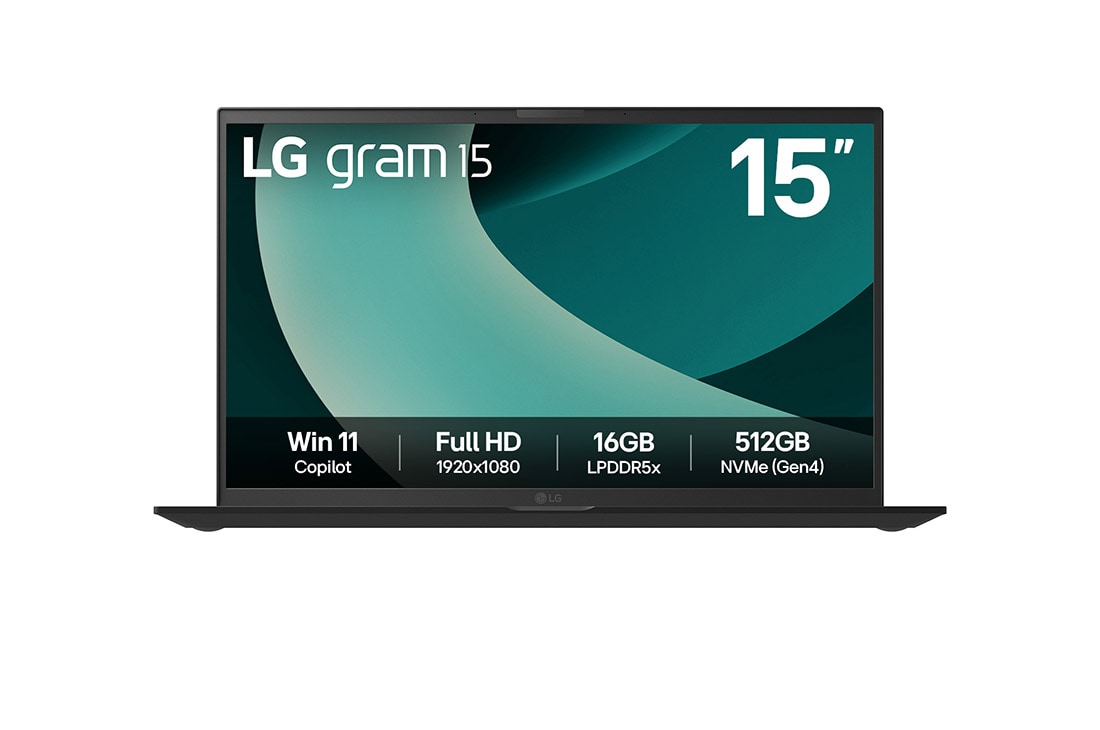 LG gram 15” |  Lightweight Intel® Core™ Ultra Processor Laptop | Windows 11 Pro, gram Hybrid AI, Copilot, LG gram Link, FHD Anti-glare IPS display, Front view, 15Z90T