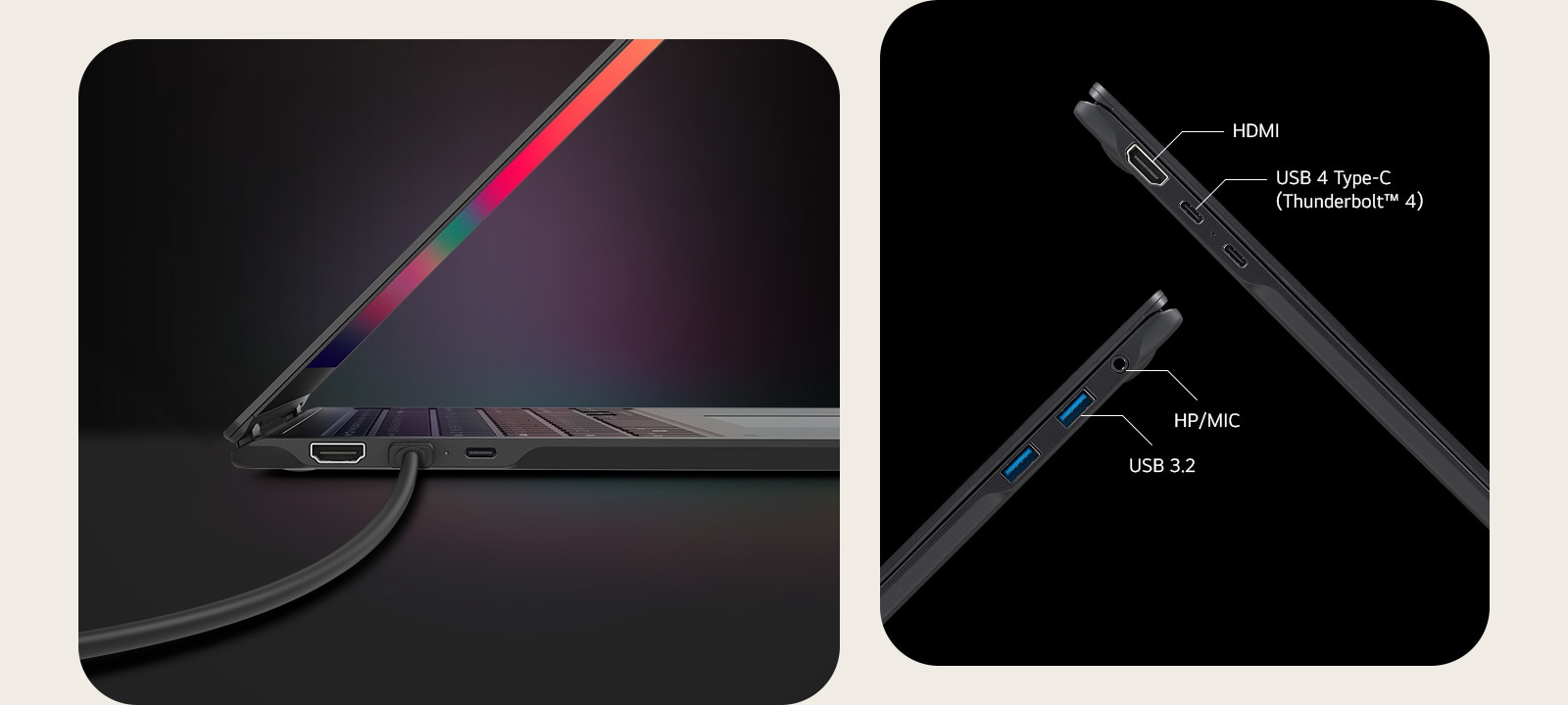 HDMI, USB 4 Type-C (Thunderbolt™ 4), HP/MIC, USB 3.2.	