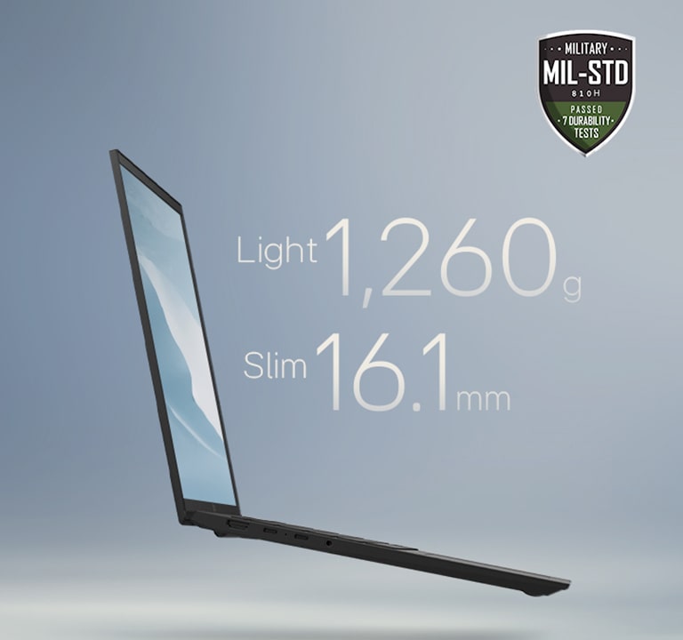 The image showcases a slim laptop with the text: "Light, thin, all-powerful" at the top. Key specifications, "Light 1,350g" and "Slim 16.0mm," are highlighted in the center. A MIL-STD durability badge is displayed in the upper-right corner, emphasizing its robustness.