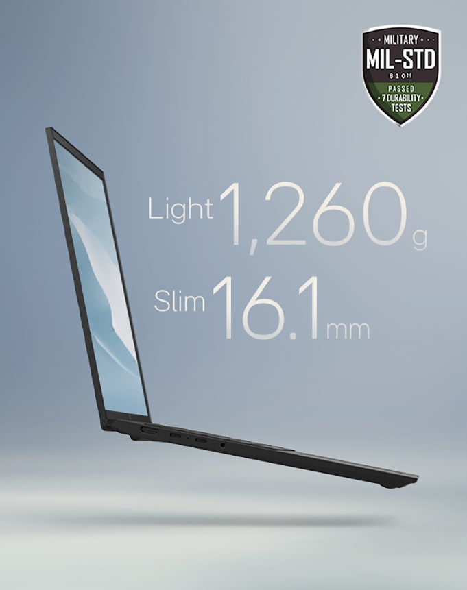 The image showcases a slim laptop with the text: "Light, thin, all-powerful" at the top. Key specifications, "Light 1,350g" and "Slim 16.0mm," are highlighted in the center. A MIL-STD durability badge is displayed in the upper-right corner, emphasizing its robustness.
