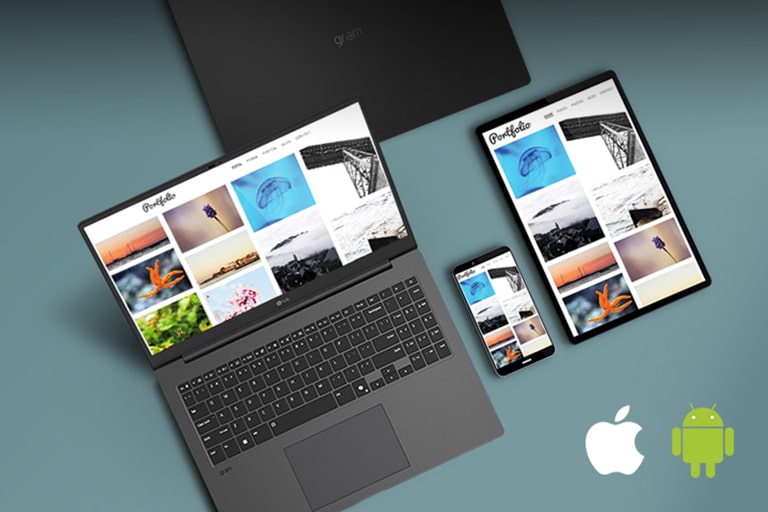 The image shows an LG Gram laptop, a tablet, and a smartphone displaying synchronized content. The text reads: "LG gram Link - Get all connected," with Apple and Android logos in the bottom right, emphasizing cross-device compatibility.