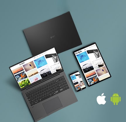 The image shows an LG Gram laptop, a tablet, and a smartphone displaying synchronized content. The text reads: "LG gram Link - Get all connected," with Apple and Android logos in the bottom right, emphasizing cross-device compatibility.