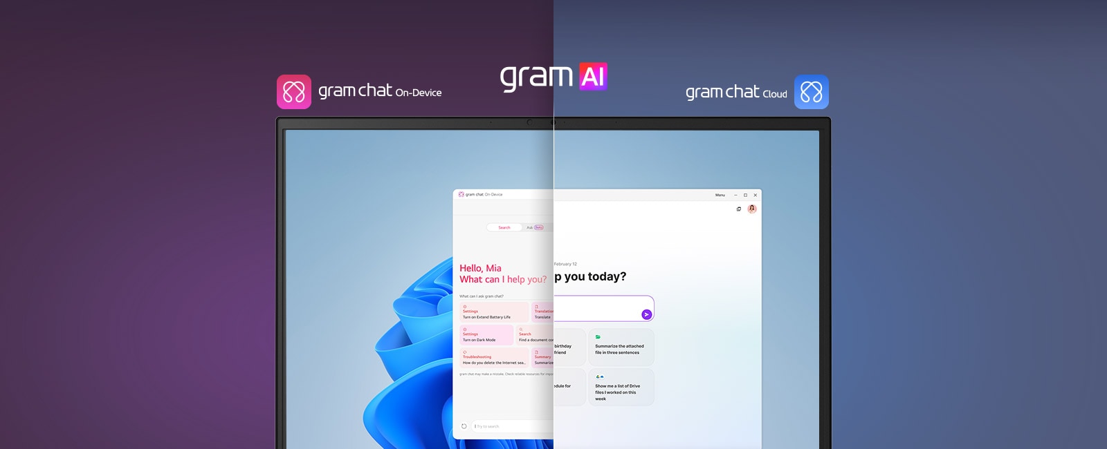 A split-screen image showcasing 'gram AI' with two distinct modes: 'gram chat On-Device' on the left, represented by a pink icon, and 'gram chat Cloud' on the right, represented by a blue icon. The screen displays an AI interface, symbolizing seamless AI functionality across both modes.	