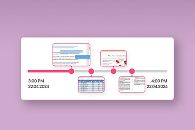 A timeline graphic displaying tasks and documents associated with specific timestamps between 3:00 PM and 4:00 PM on 22.04.2024. The visual highlights key moments with icons and thumbnails of documents along the timeline.	