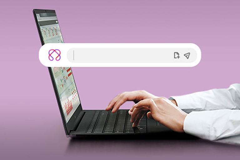 A side view of a laptop with a person typing, showcasing a search bar with an AI-inspired icon and additional functional icons. The laptop screen displays data charts, emphasizing productivity and AI-driven tools.	