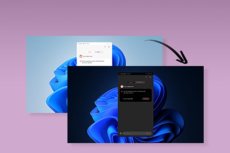 A laptop screen displaying two interfaces: one with an AI chat window on a light background and the other transitioning to a dark mode version. An arrow highlights the switch, emphasizing seamless mode adaptation.	