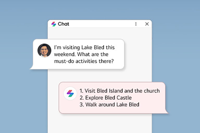 A chat interface showing a user asking for recommendations for activities at Lake Bled, and an AI response listing three suggestions: 1. Visit Bled Island and the church, 2. Explore Bled Castle, 3. Walk around Lake Bled.