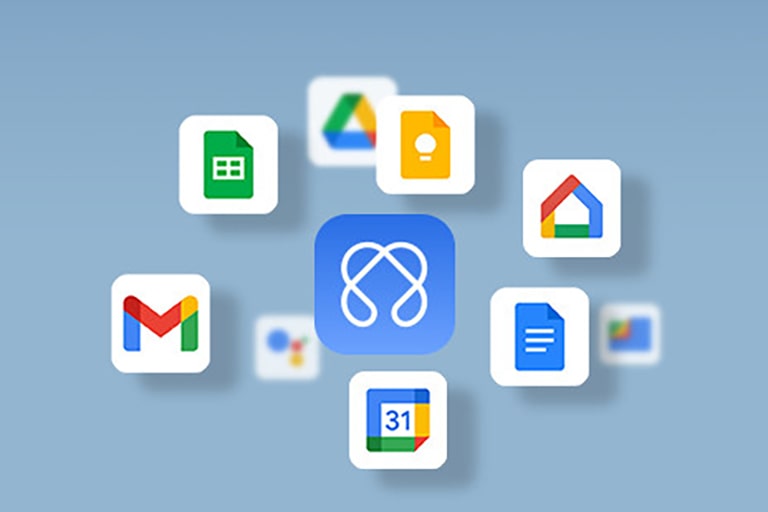 An illustration featuring various productivity app icons, such as Google Drive, Gmail, Google Sheets, and Google Calendar, surrounding a central gram AI Cloud logo. The image represents seamless integration of gram AI Cloud with popular productivity tools.