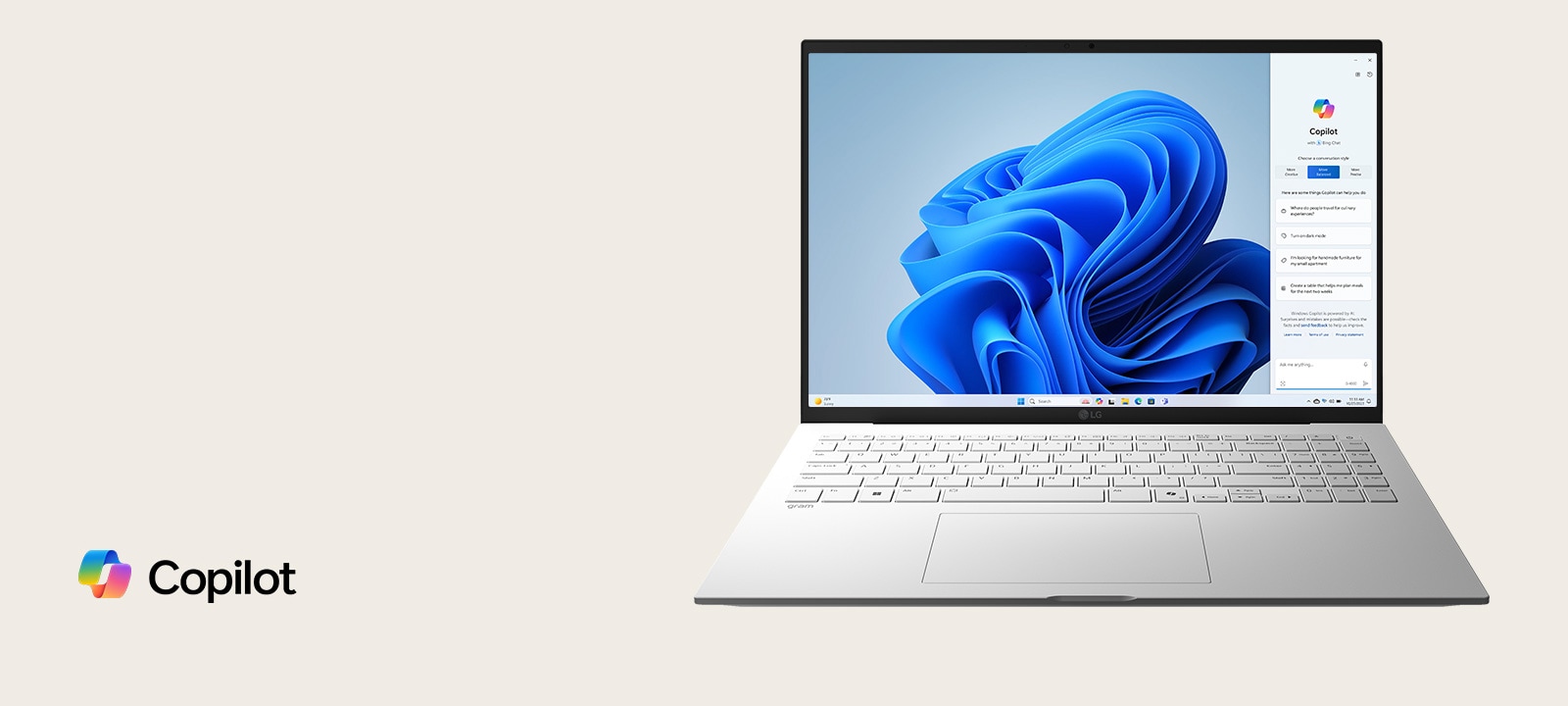 A laptop featuring the Windows Copilot logo above the screen and Windows Copilot interface on the display, showcasing a sleek design with a large screen and the Windows 11 interface in the background.	