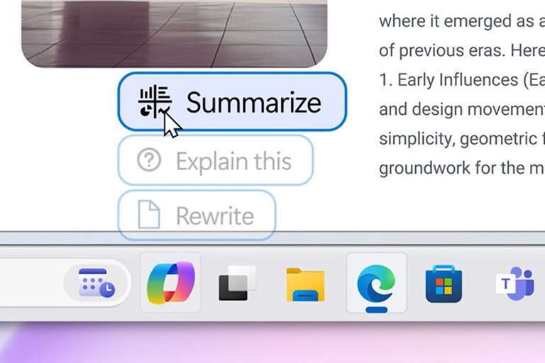 The image shows a cursor hovering over a "Summarize" button in a digital assistant interface. Below are options like "Explain this" and "Rewrite."	