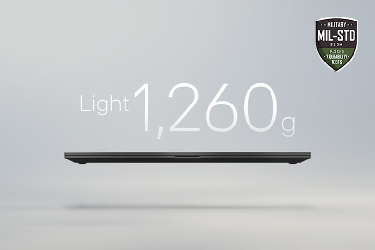 An animation showcasing a lightweight laptop with '1,199g' displayed in the first frame and '15.7mm' thickness in the second frame. Both frames include the MIL-STD durability badge, emphasizing portability and durability.	