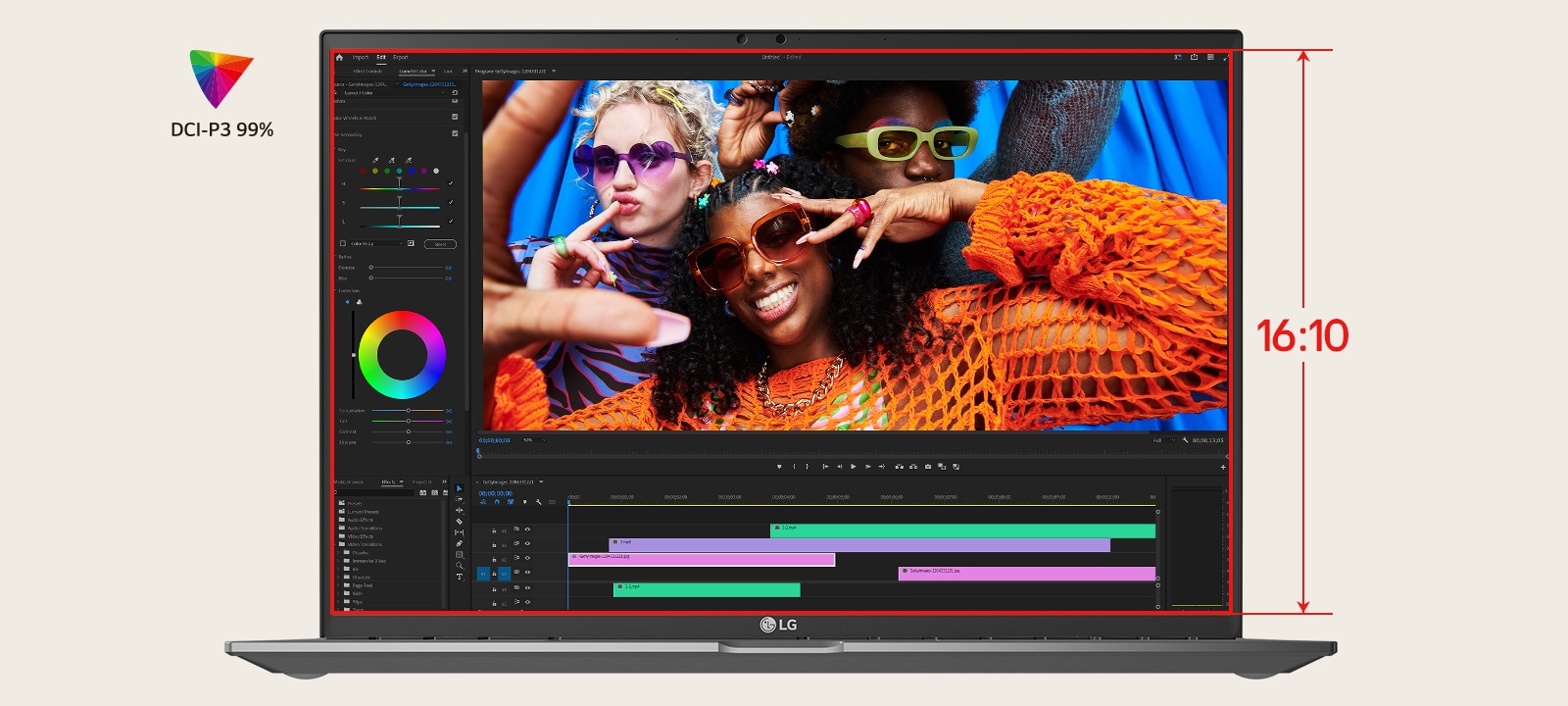 The image represents an animation transitioning from a 16:9 aspect ratio on the top screen to a taller 16:10 aspect ratio on the bottom screen. The DCI-P3 99% logo is visible in the top-left corner. This transformation visually emphasizes the additional vertical space provided by the 16:10 aspect ratio, ideal for productivity and multitasking.	